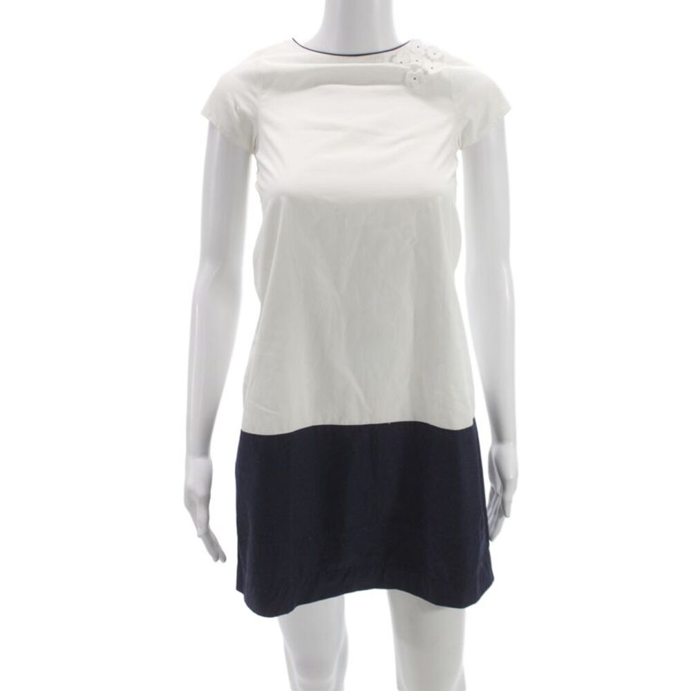 Jacadi Girls Cotton Colorblock Floral Embellished A-line Dress White Navy Sz 10